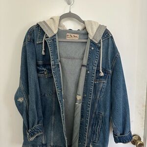 Blue Denim Jacket with Gray Hood
